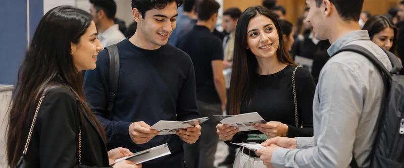 Visitors speaking with university representatives at a Passion Education fair