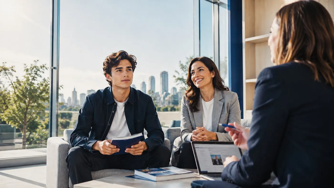 A student and parent in consultation with an education advisor